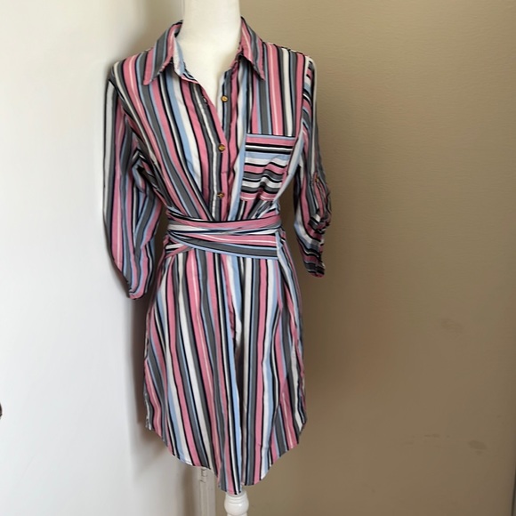 Dresses & Skirts - Pink Blue White Striped Shirt Dress Gold Button Detail Cinched Waist